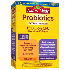 Nature Made Probiotics Extra Strength bottle for 30-day digestive balance.