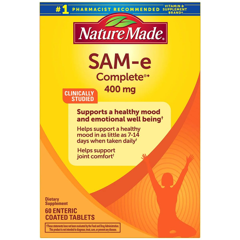 Nature Made SAM-e Complete 400 mg bottle front shows trusted daily supplement for mood and joints.