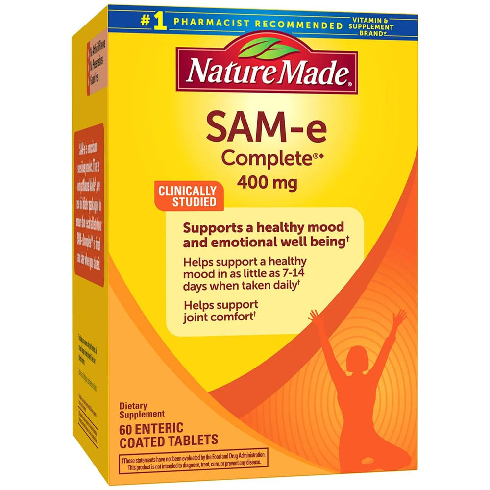 Nature Made SAM-e Complete bottle label highlights enteric coating for reliable release.