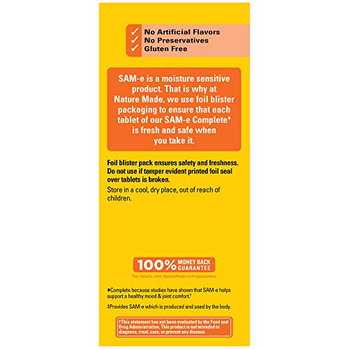 Close-up of Nature Made SAM-e 400mg tablets for joint comfort.