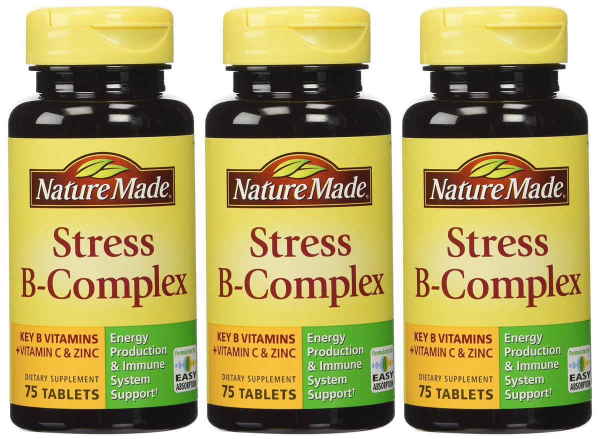 Nature Made Stress B Complex with Zinc front label shows bottle ready for daily immune and energy support