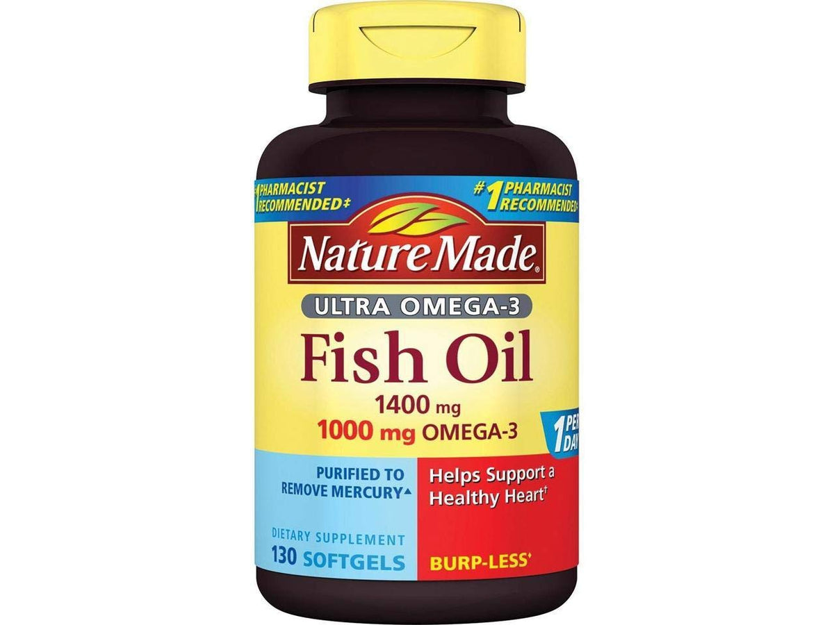 Nature Made Ultra Omega-3 burpless softgels bottle supports heart-healthy omega-3 intake.