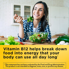 Nature Made Vitamin B-12 1000 mcg Timed Release bottle label close-up highlighting USP standards