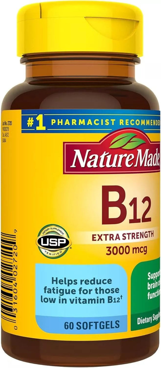 Nature Made Vitamin B-12 Softgels label closeup—high potency 3000 mcg per capsule.