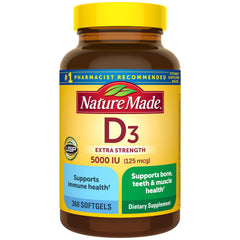 Nature Made Vitamin D3 5000 IU softgels bottle front supports bone and immune health