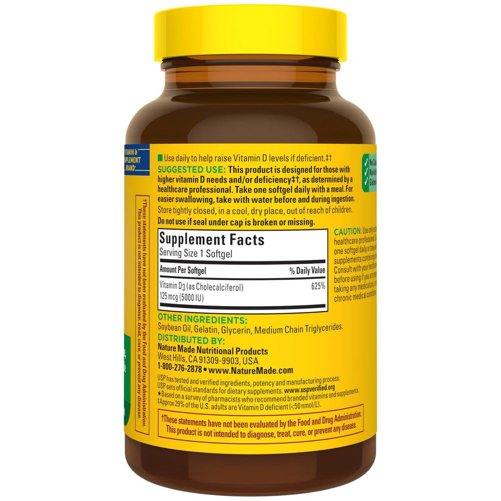 Nature Made Vitamin D3 5000 IU softgels serving size indicates one daily pill