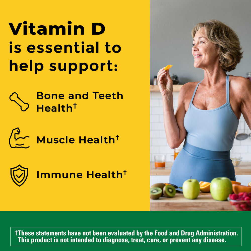 Nature Made Vitamin D3 5000 IU softgels label detail highlights high potency and purity