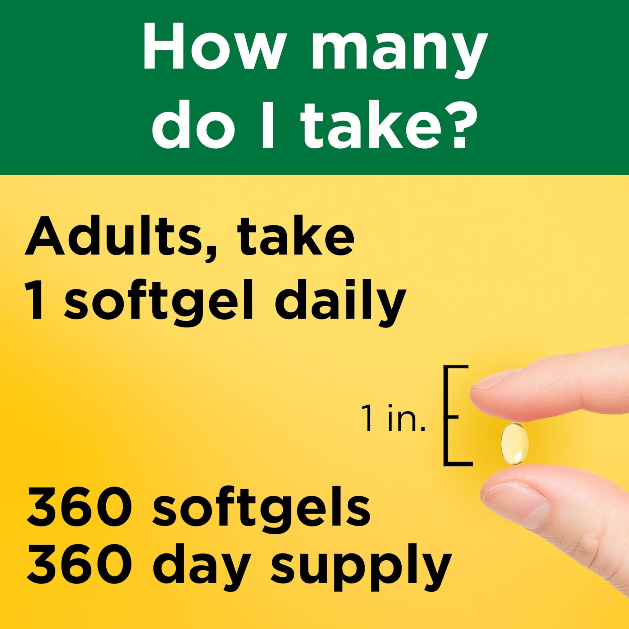 Nature Made Vitamin D3 5000 IU softgels on shelf highlights gluten-free formula
