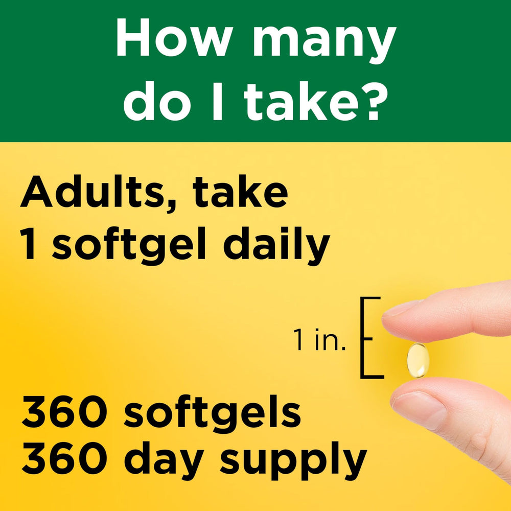 Nature Made Vitamin D3 5000 IU softgels on shelf highlights gluten-free formula