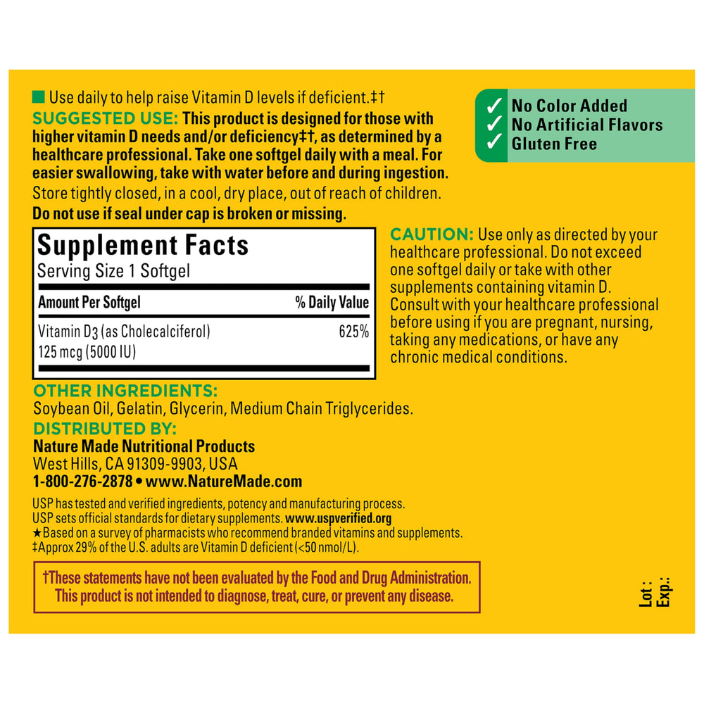 Nature Made Vitamin D3 5000 IU softgels with USP verification seal confirms potency