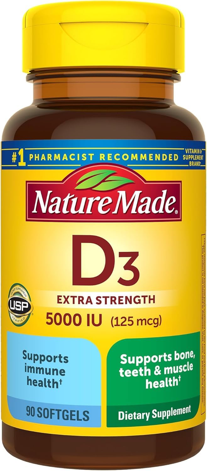 Nature Made Vitamin D3 5000 IU softgels bottle front for bone and immune support.