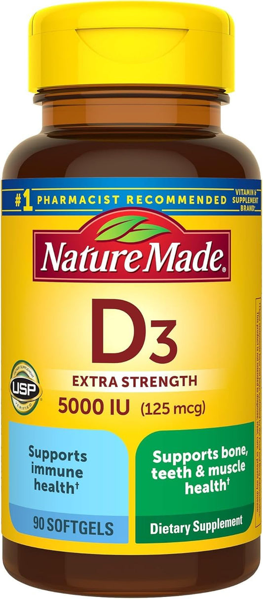 Nature Made Vitamin D3 5000 IU softgels bottle front for bone and immune support.