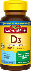 Nature Made Vitamin D3 5000 IU softgels bottle front for bone and immune support.