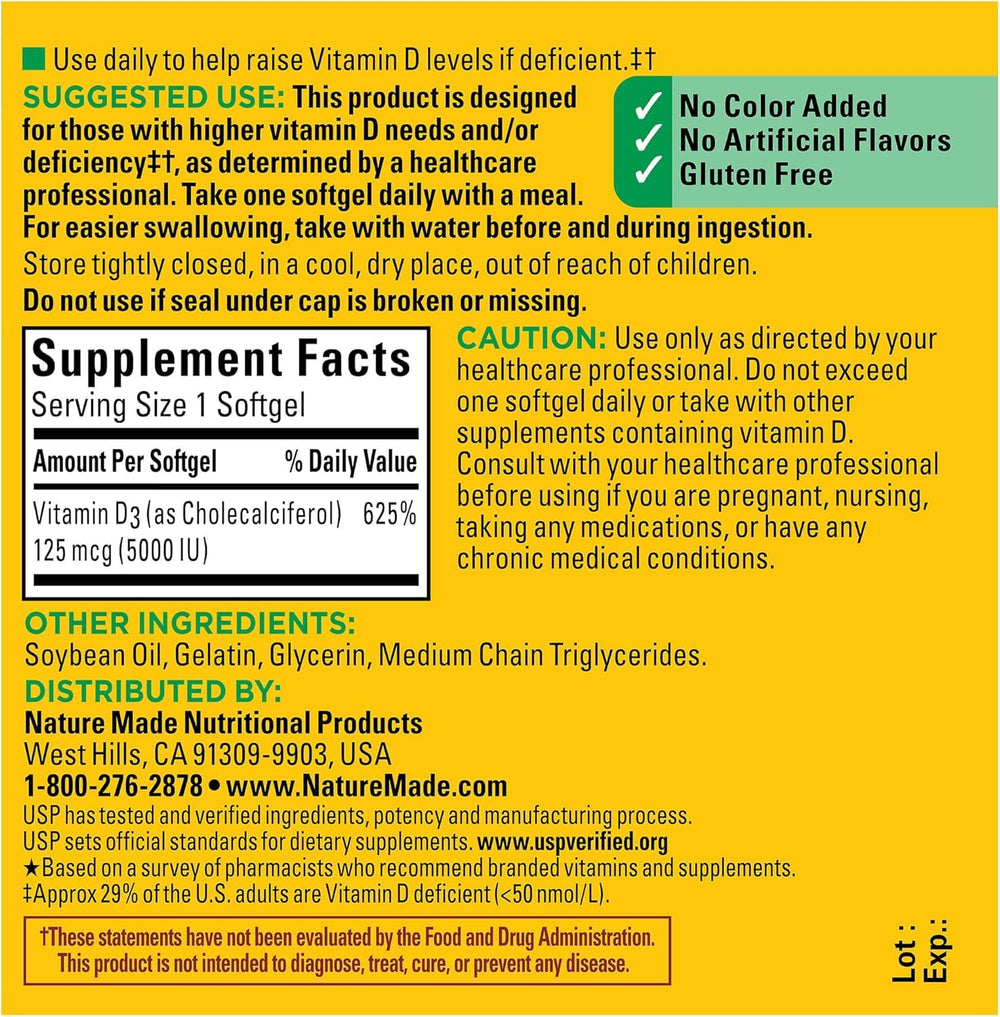 Nature Made Vitamin D3 5000 IU dosage info card showing daily intake guidance.