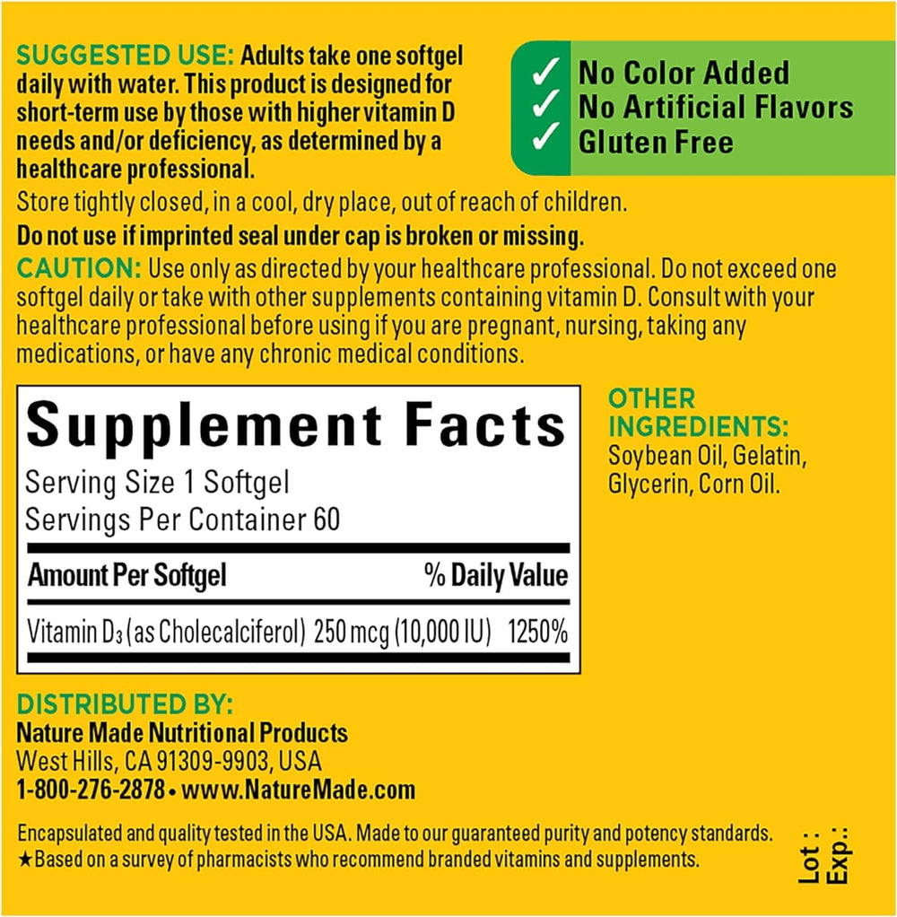 Back label on Nature Made Vitamin D3 detailing dosage and daily intake guidance.