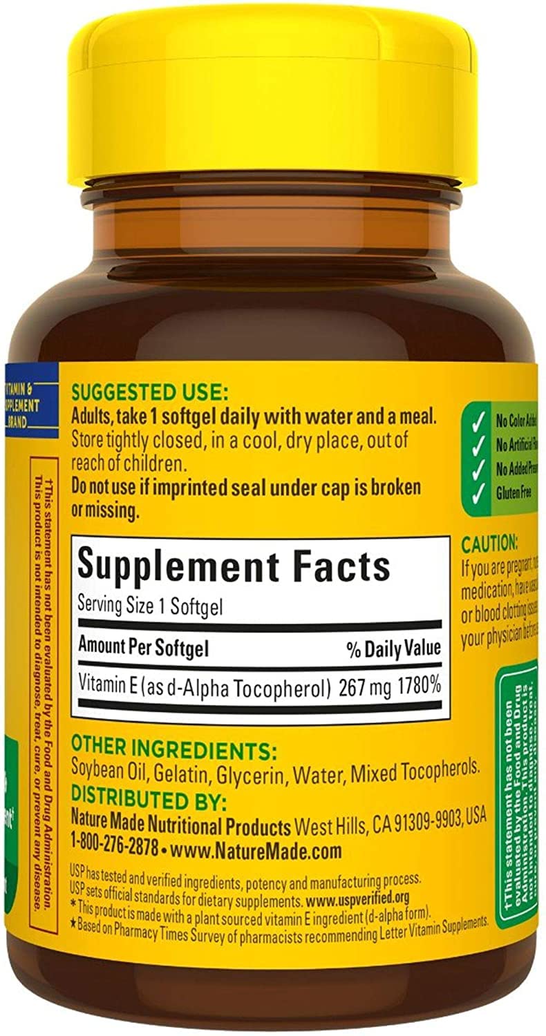 Nature Made Vitamin E 400 IU softgels close-up capsules for easy dosing.