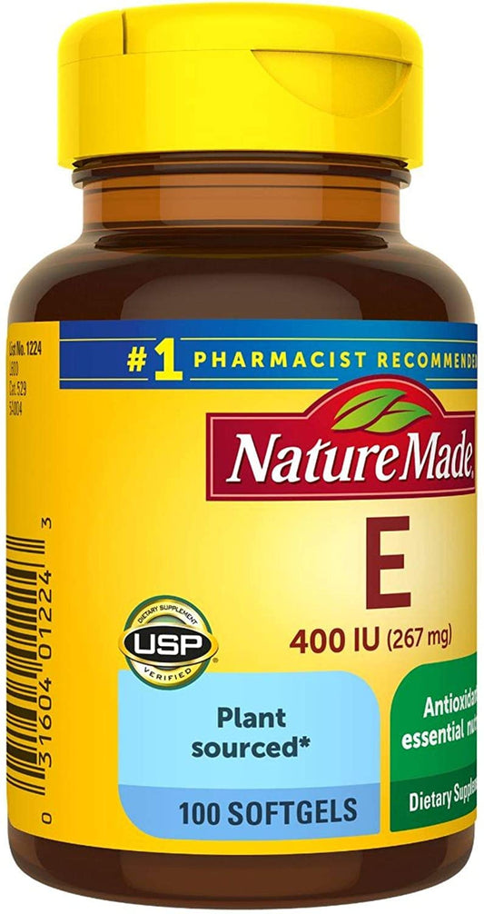 Nature Made Vitamin E 400 IU label close-up showing no artificial colors.