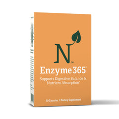 Nature M.D. Enzyme 365 bottle closeup shows a potent digestive blend for smoother meals.