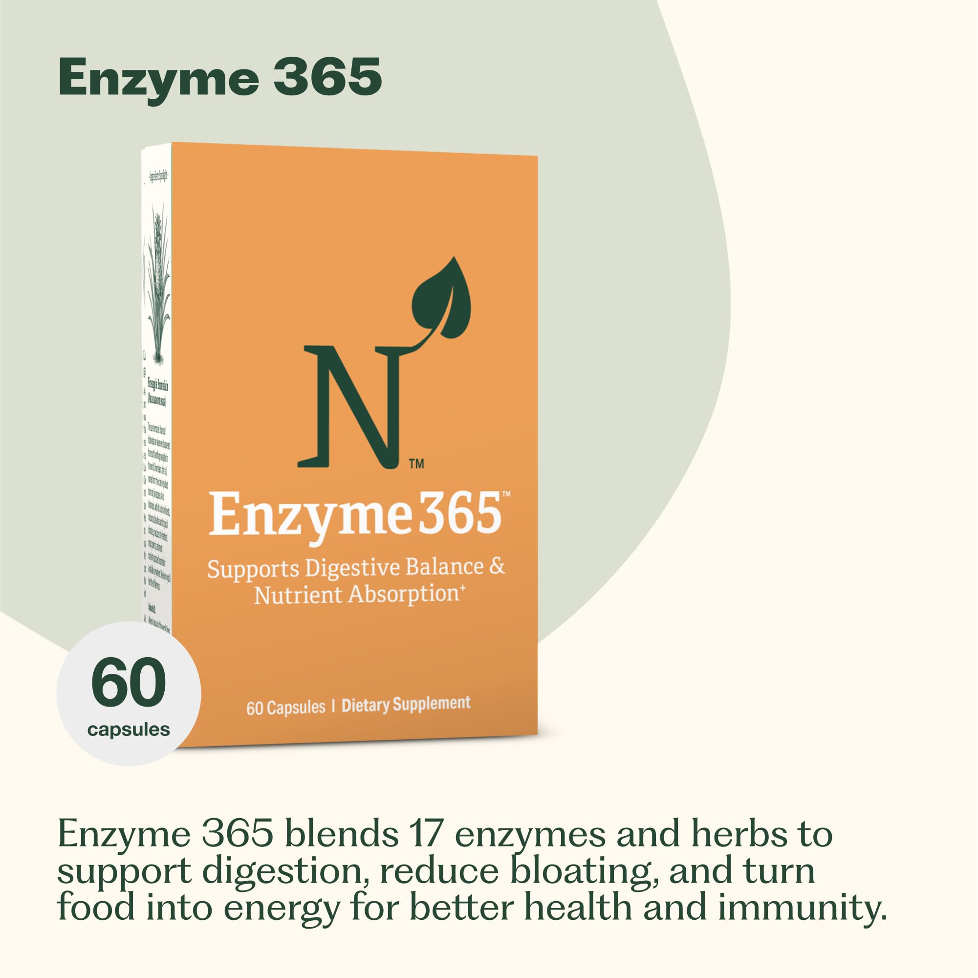 Nature M.D. Enzyme 365 capsules on a clean surface for quick post-meal support.