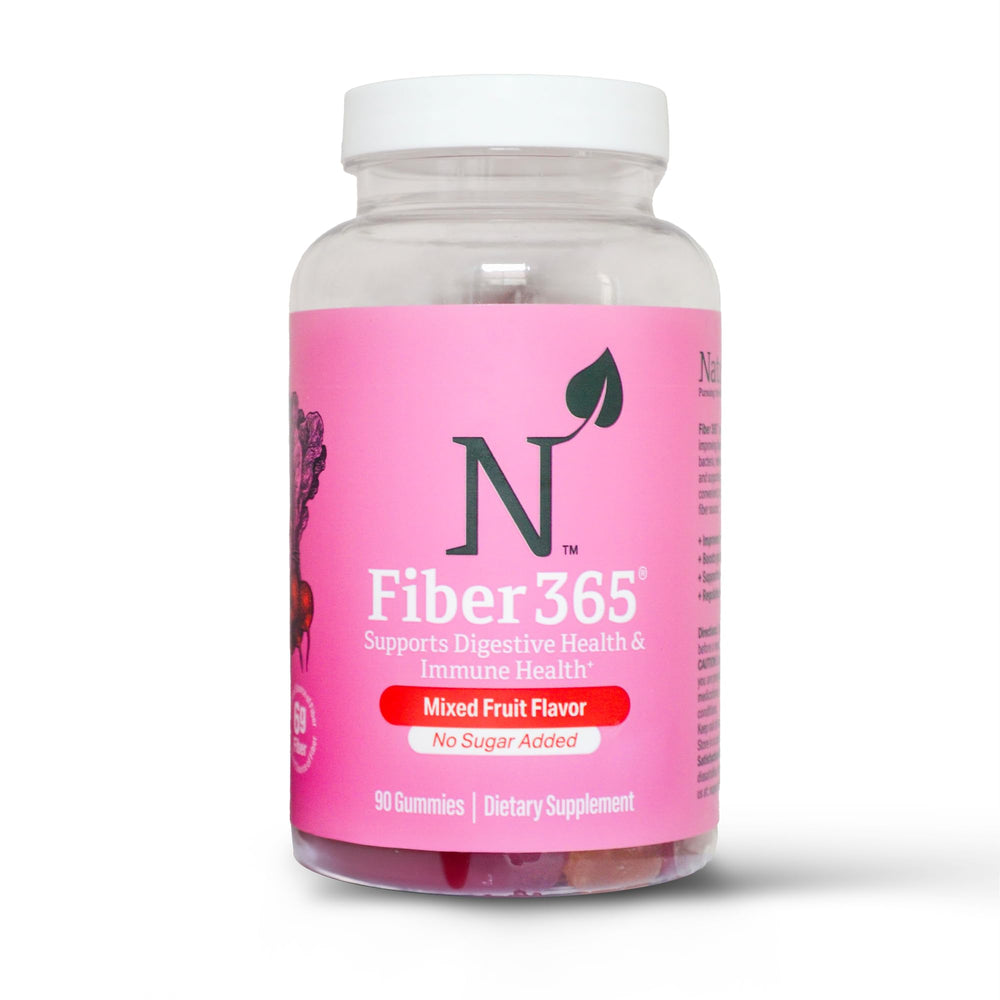 Nature M.D. Fiber 365 gummies bottle highlights prebiotic fiber for digestion