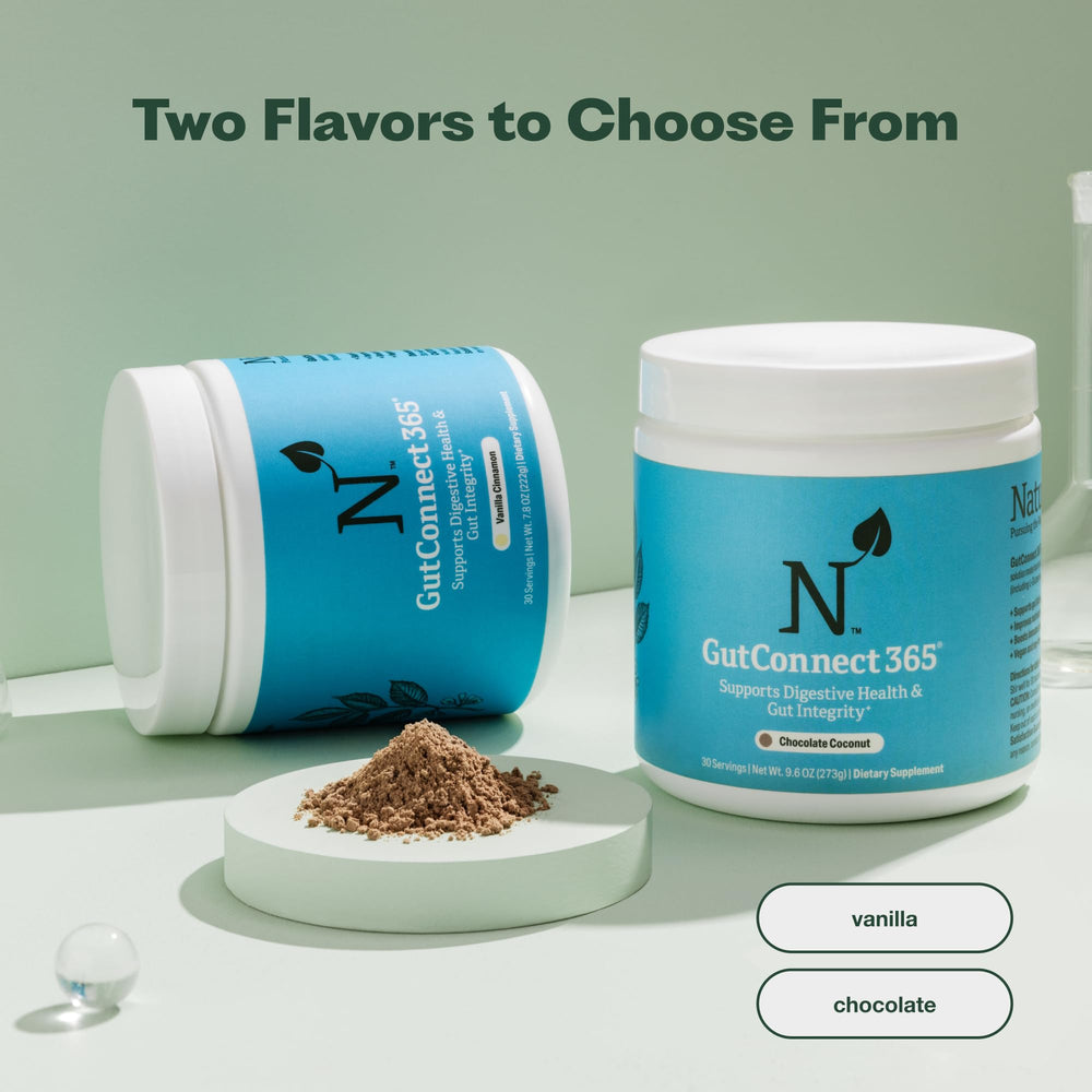 Nature M.D. GutConnect 365 natural ingredients panel shows allergen-free recipe