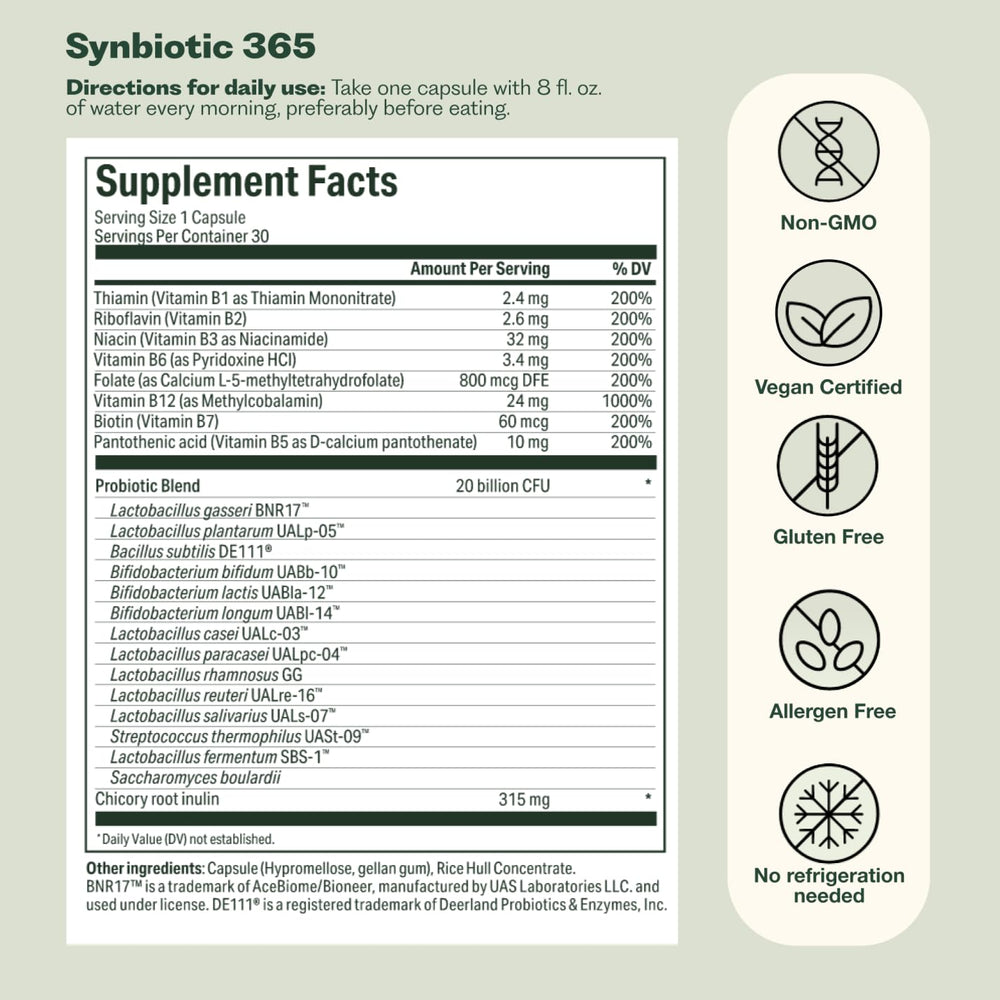 Nature M.D. Synbiotic 365 lifestyle shot showing 30 servings packaging.
