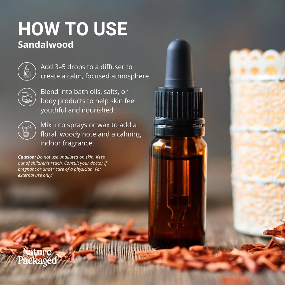 Nature Packaged Sandalwood bath blend adds comforting warmth to soak routines.