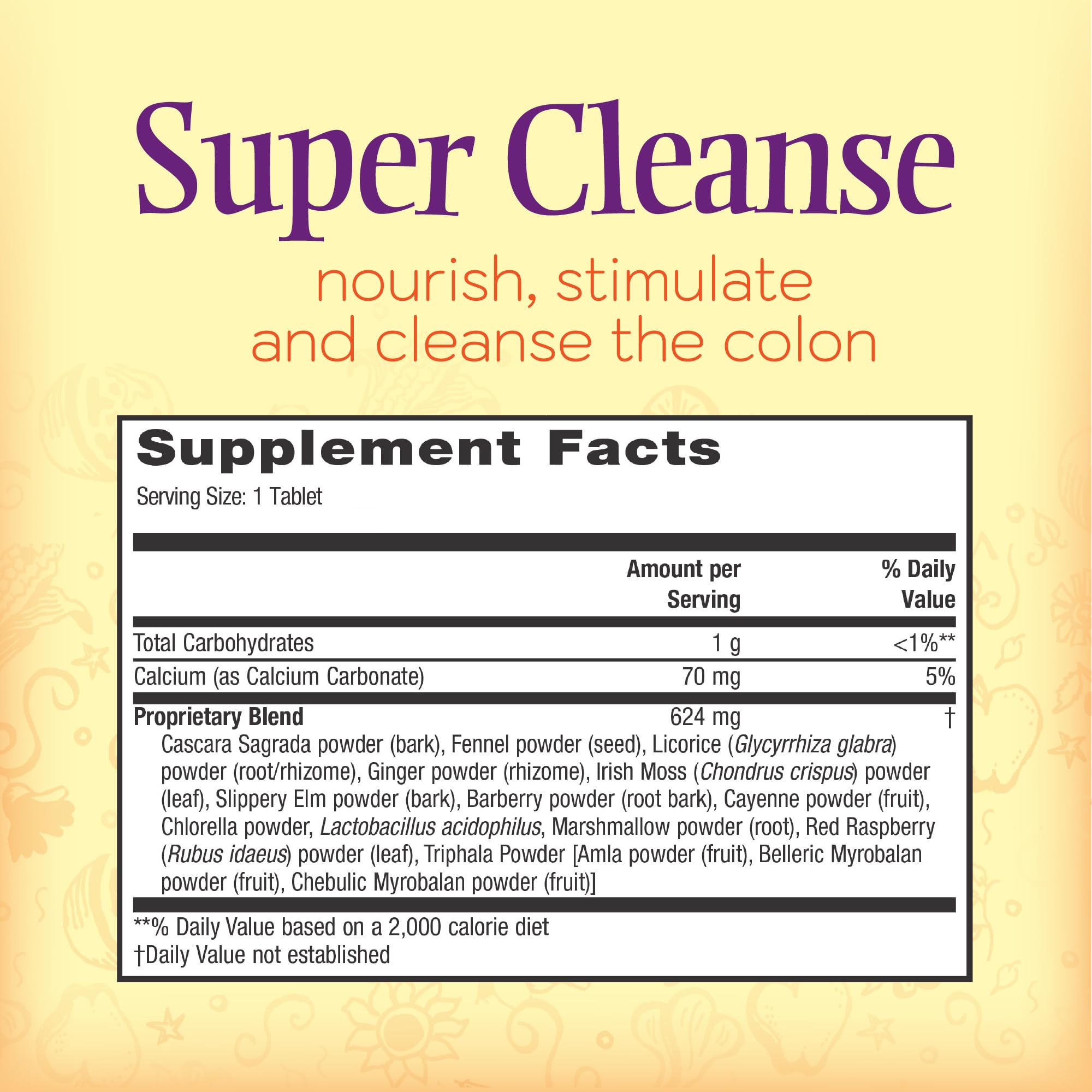Nature's Secret Super Cleanse bottle label close-up highlighting 14-herb blend support