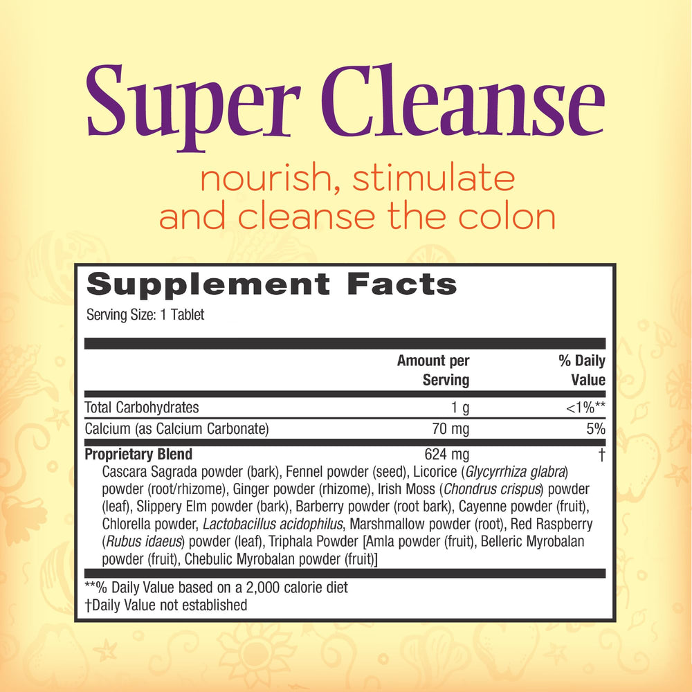Nature's Secret Super Cleanse bottle label close-up highlighting 14-herb blend support
