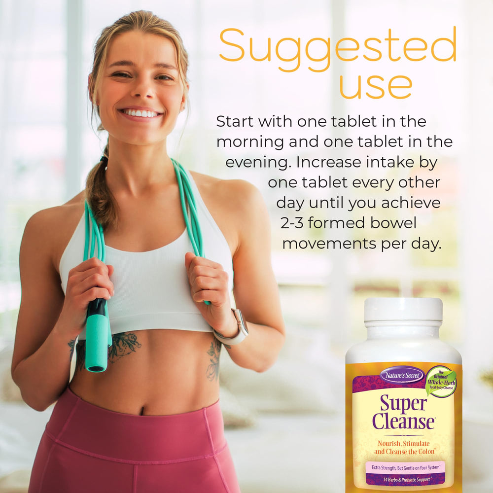 Nature's Secret Super Cleanse tablets being dispensed for gentle elimination