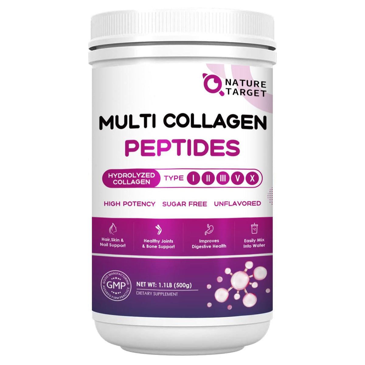 Nature Target Multi Collagen bottle—premium blend for skin, hair, and nails support.