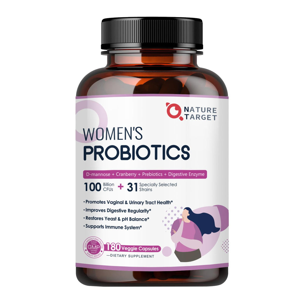 Nature Target Probiotics for Women bottle shows high-potency capsules for daily gut balance.