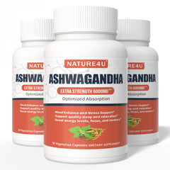 Nature4U Ashwagandha bottle pour showing high-strength stress support