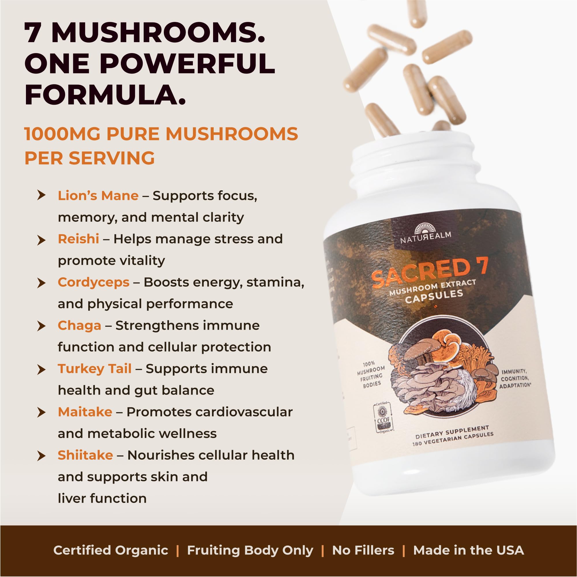 Label detail shows seven mushrooms included in Naturealm Sacred 7 formula.