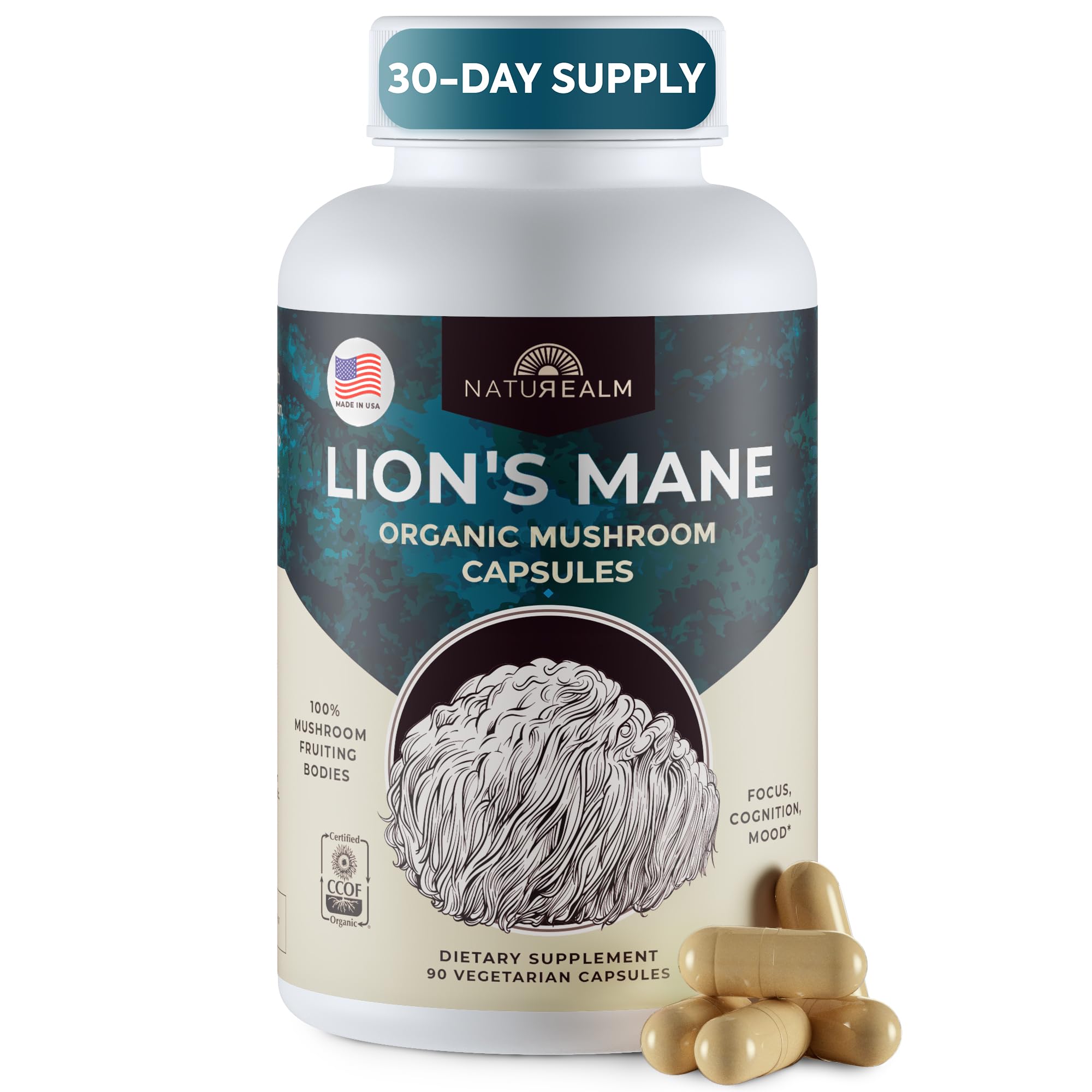 Naturealm Lion's Mane capsules bottle showing organic formulation for focus and memory support.