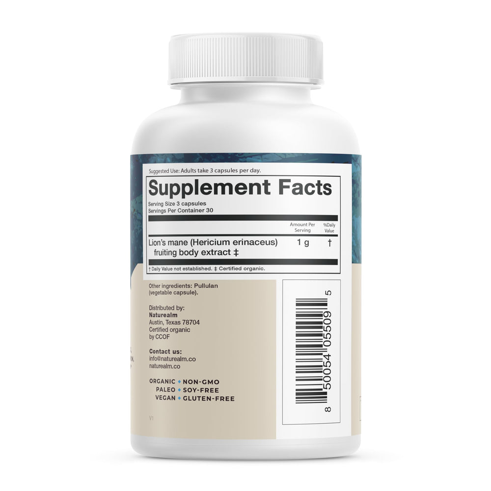 Naturealm Lion's Mane capsules label highlighting organic certification for clean brain wellness.
