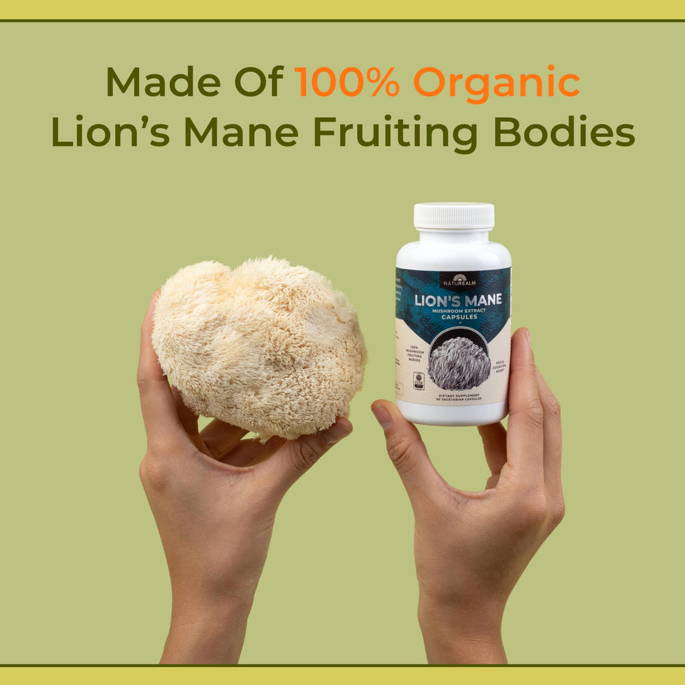 Naturealm Lion's Mane packaging details and 30-day supply label.