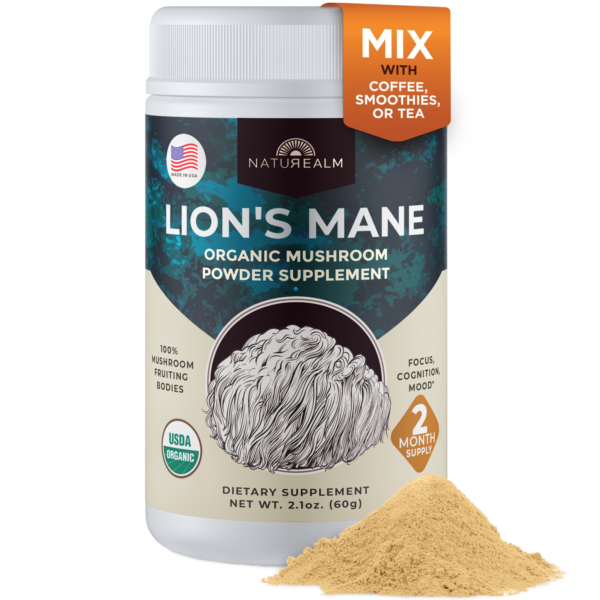 Naturealm Lion’s Mane powder container front with organic branding for brain health support.