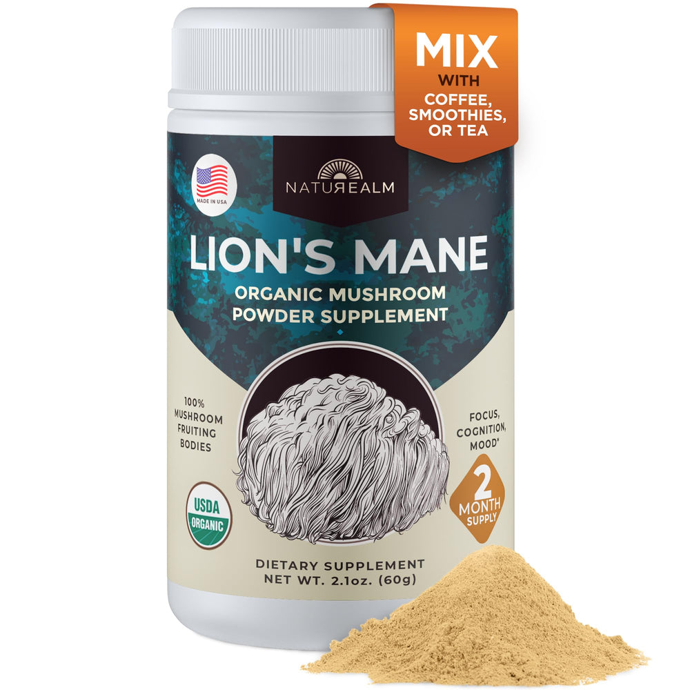 Naturealm Lion’s Mane powder container front with organic branding for brain health support.