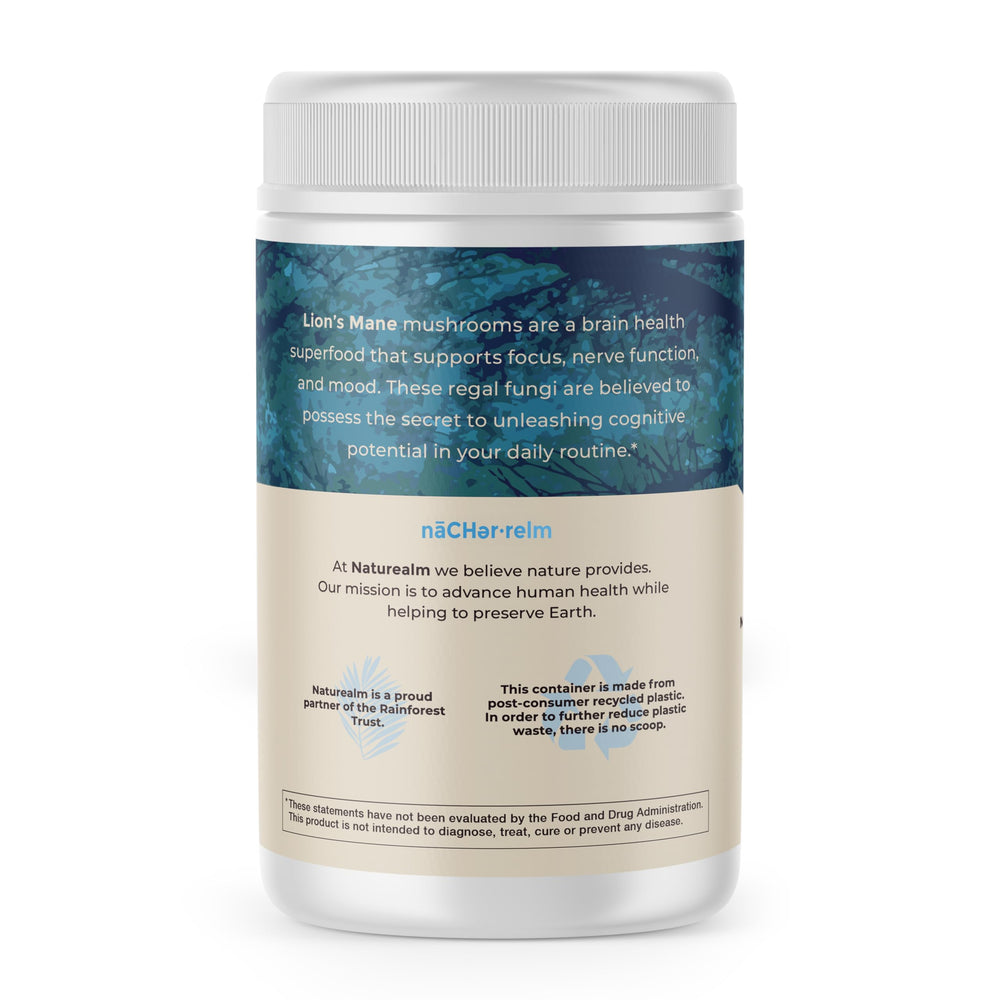 Naturealm Lion’s Mane ingredient label highlights organic fruiting body extract.