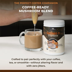 Ingredients panel showing seven mushrooms for immune and antioxidant balance.