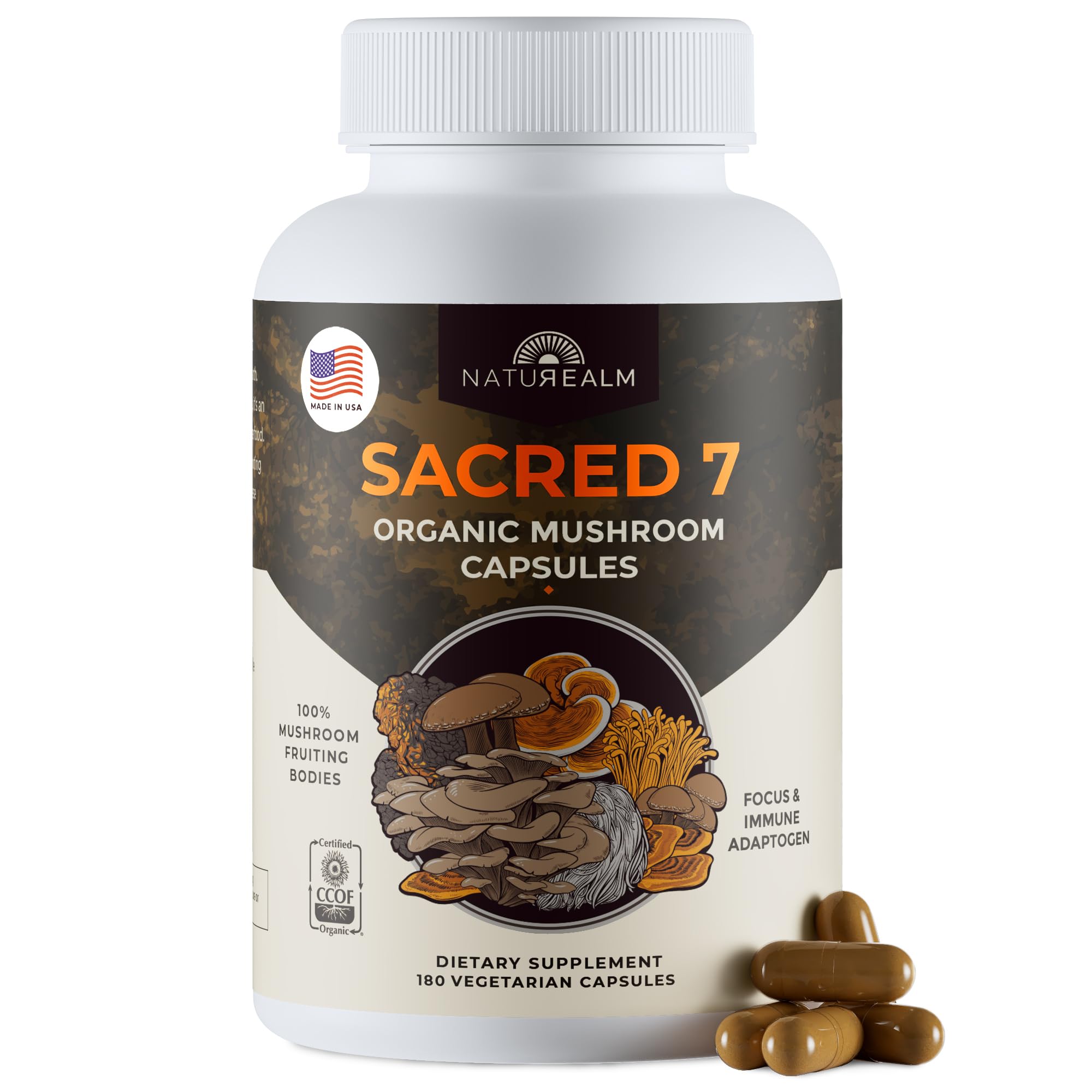 Naturealm Sacred 7 bottle-front view highlighting premium mushroom blend for daily wellness