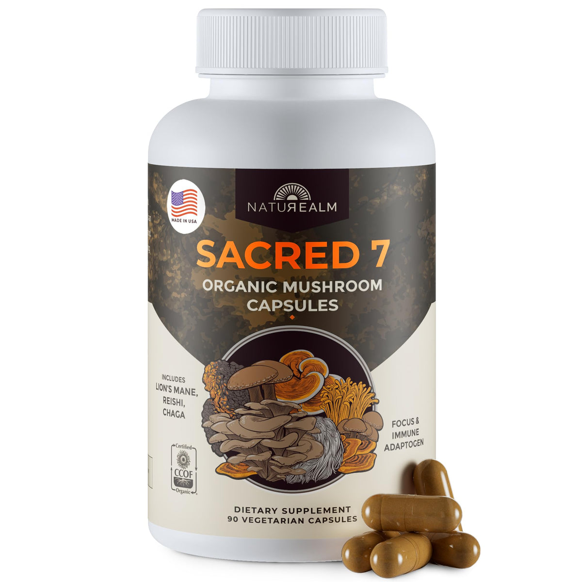 Naturealm Sacred 7 bottle front showcasing organic mushroom blend for daily wellness.