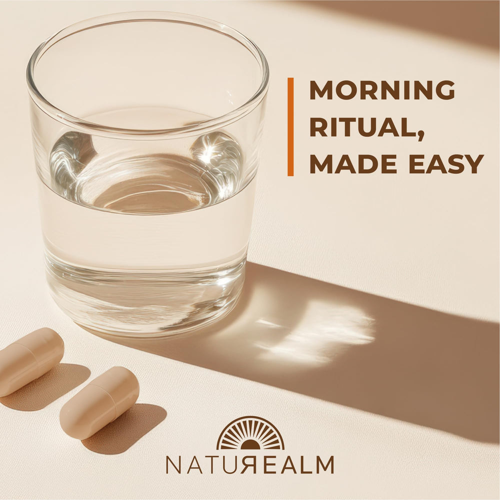 Close-up of Naturealm Sacred 7 capsules emphasizing pure fruiting bodies.