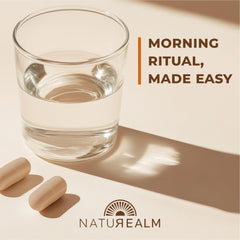 Close-up of Naturealm Sacred 7 capsules emphasizing pure fruiting bodies.