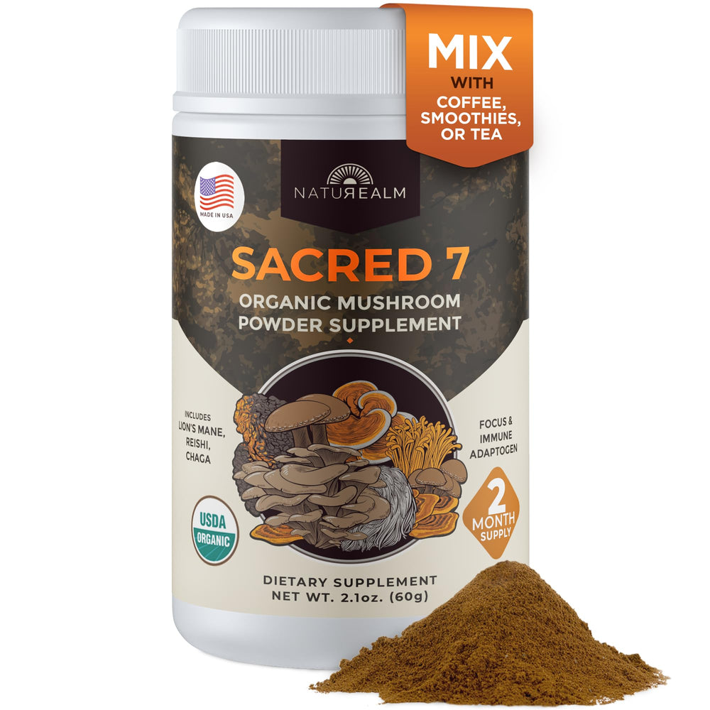 Naturealm Sacred 7 Mushroom Powder bottle showcases a clean, premium immune-support blend.