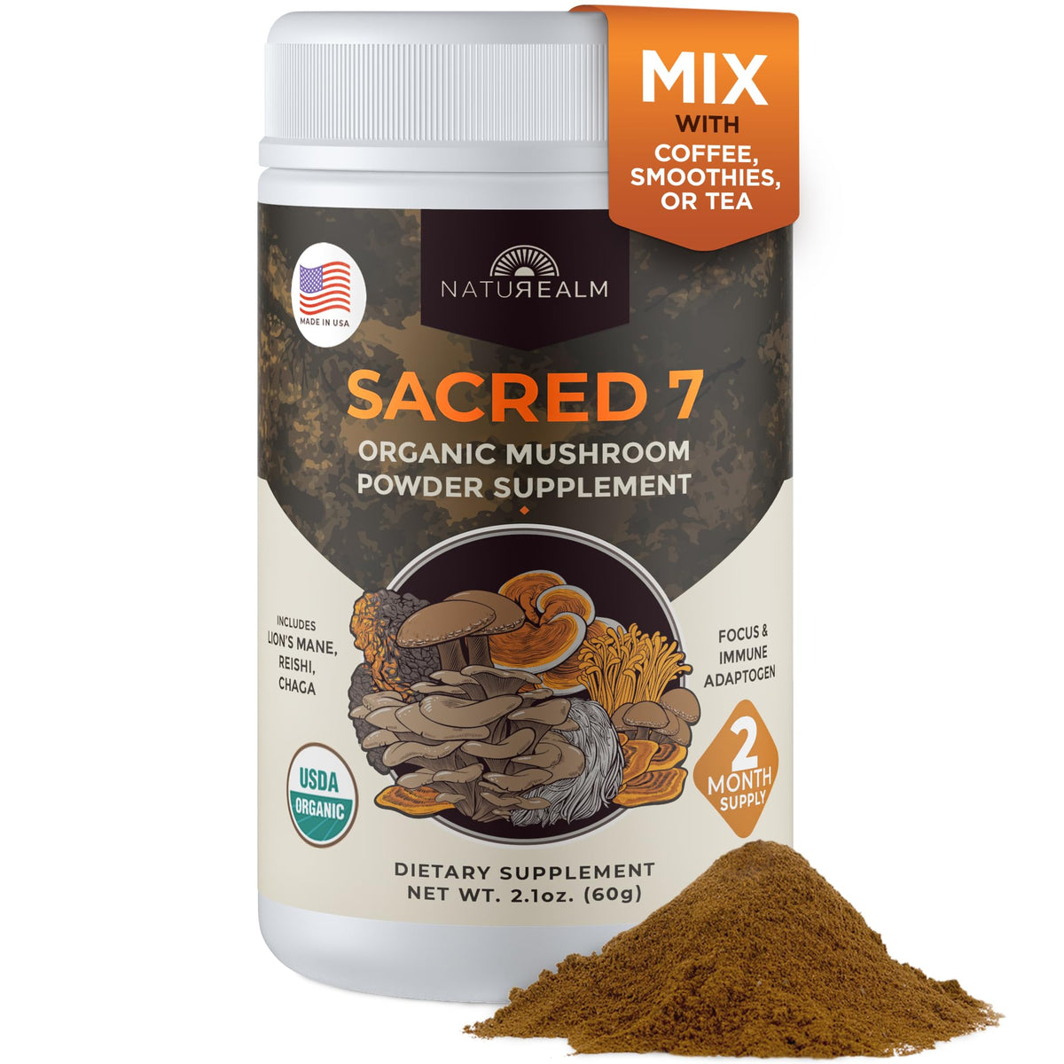 Naturealm Sacred 7 Mushroom Powder bottle showcases a clean, premium immune-support blend.