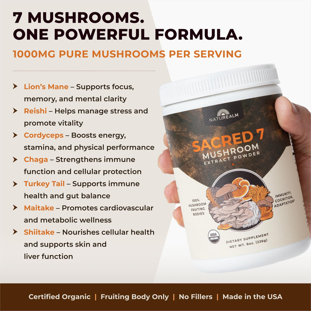 Naturealm Sacred 7 Mushroom Powder on kitchen counter suggests easy daily wellness.