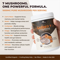 Naturealm Sacred 7 Mushroom Powder on kitchen counter suggests easy daily wellness.