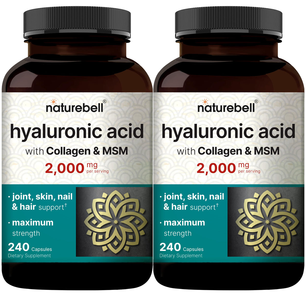 NatureBell 2-pack hyaluronic bottle front display hydration support for skin and joints.